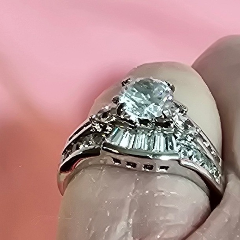 Womens CZ Round Cut Baguette Accent Bridal Ring Set Silver Tone Size 6.5 - Picture 5 of 10
